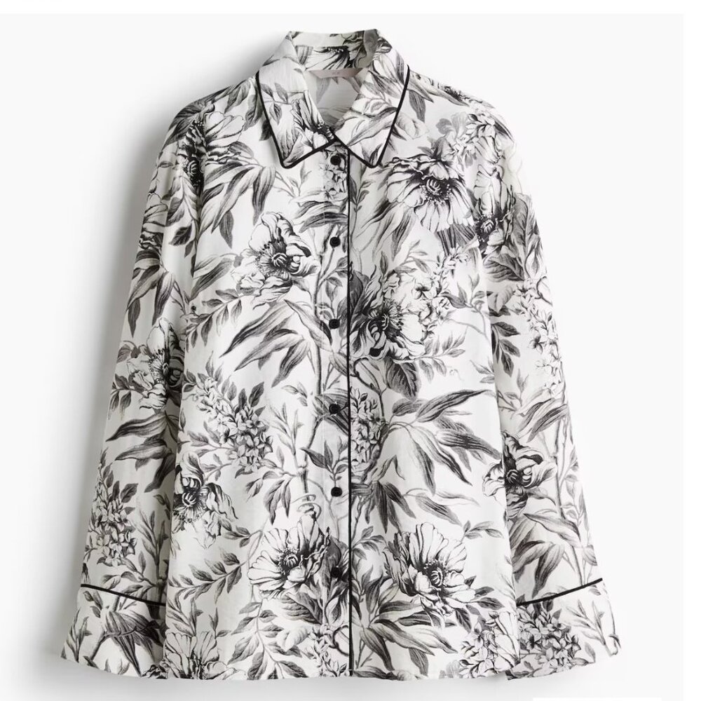 H&M Piping-detail Shirt-Toille Print, NWT - L